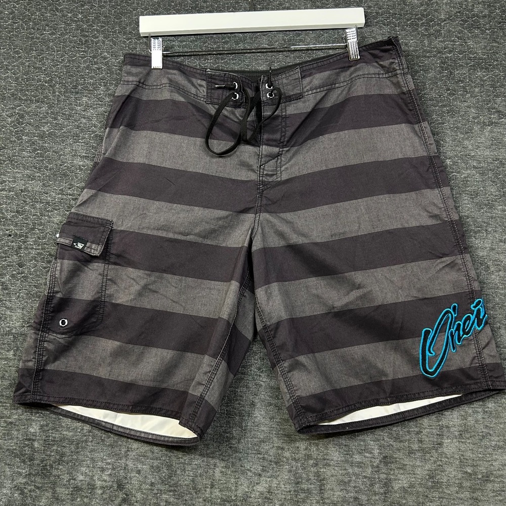 O'Neill Board Shorts Men's Black Gray Blue Striped Logo Pockets Surf Swim - 38